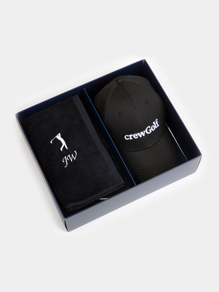 Personalised Golf Gift Box Set with Black Golf Towel and Golf Cap