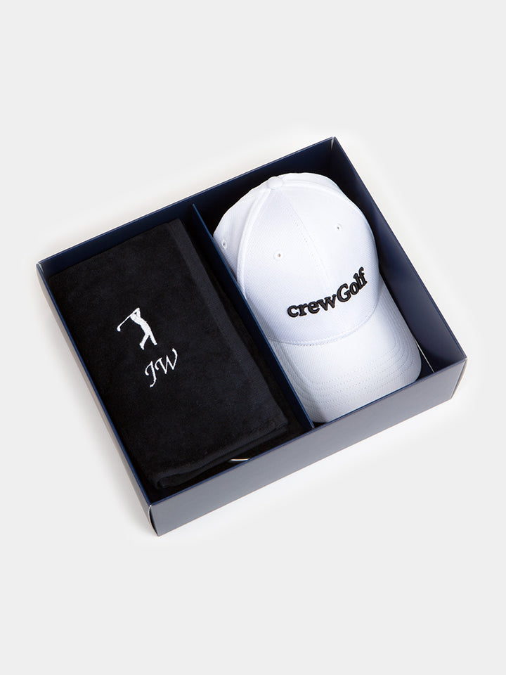 Personalised Golf Gift Box Set with Black Golf Towel and White Golf Cap